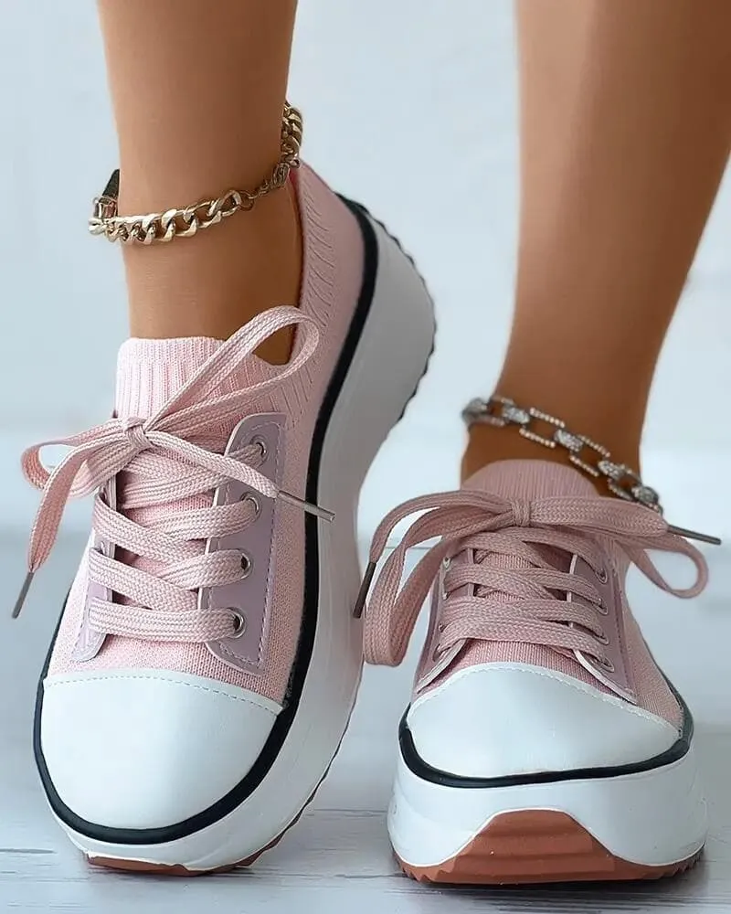 Solid Color Round Toe Platform Lace-up Sneakers