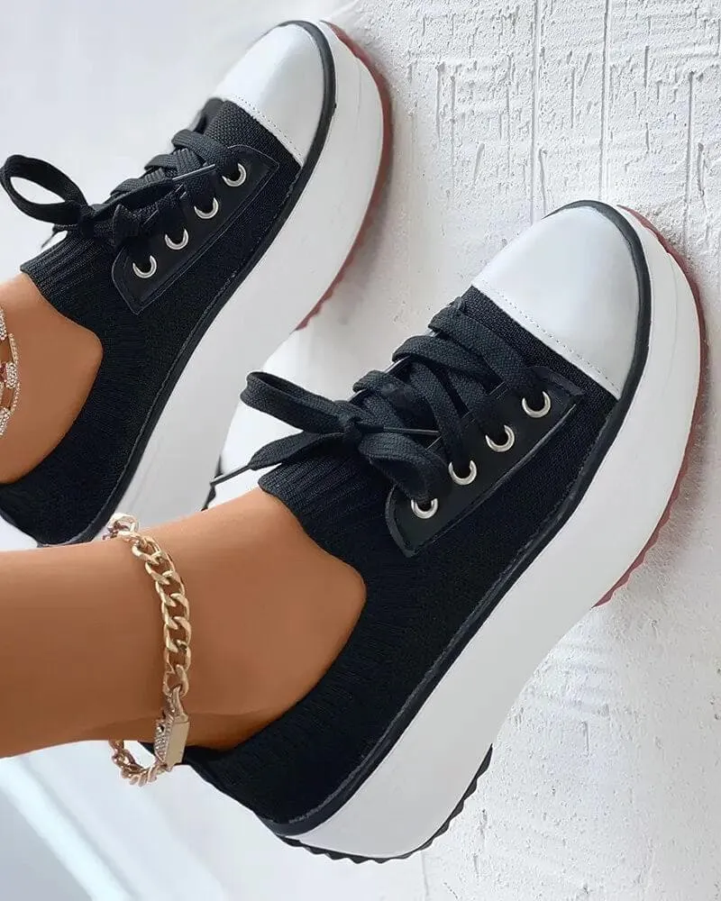 Solid Color Round Toe Platform Lace-up Sneakers