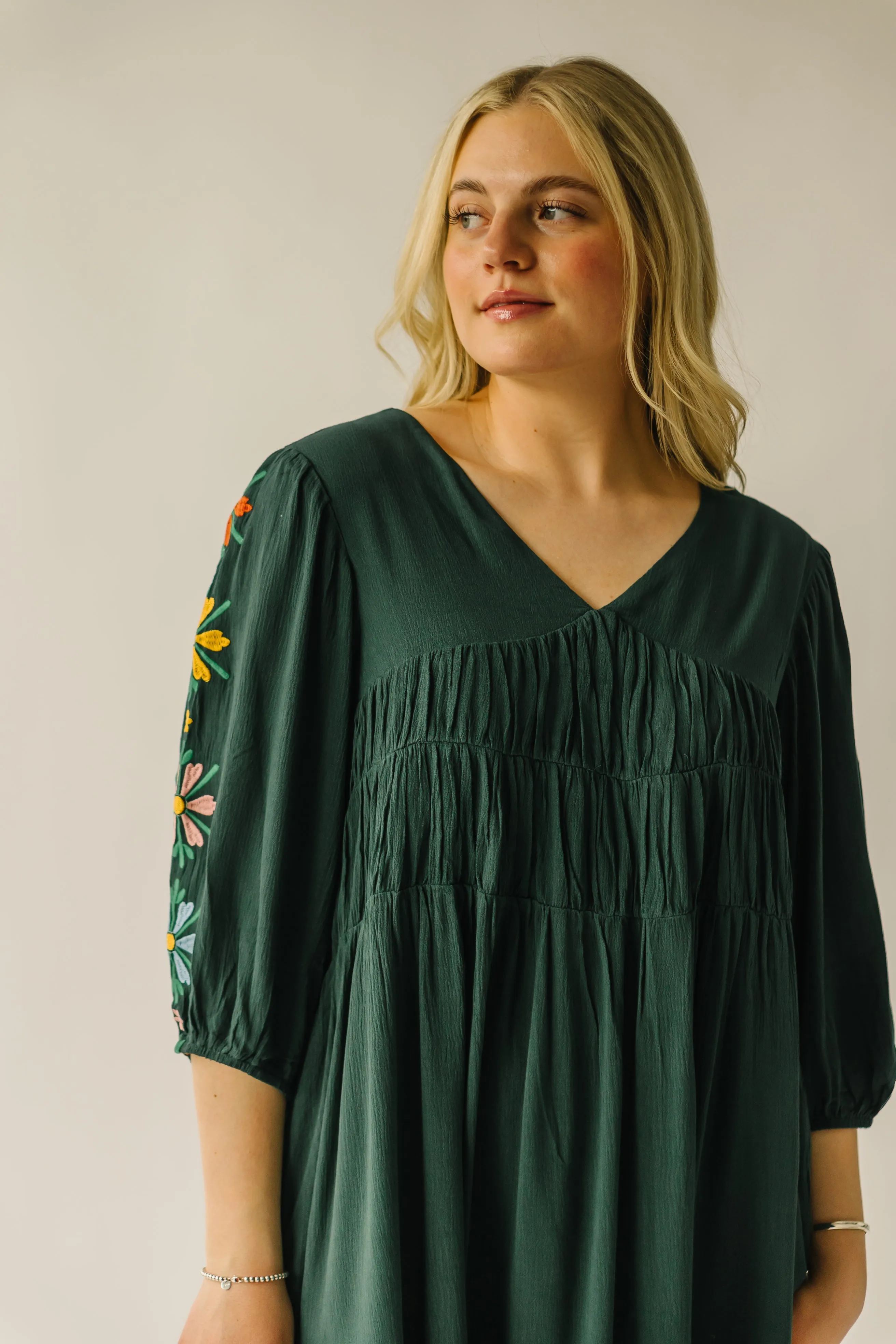 The Colewell Floral Embroidered Dress in Dark Green