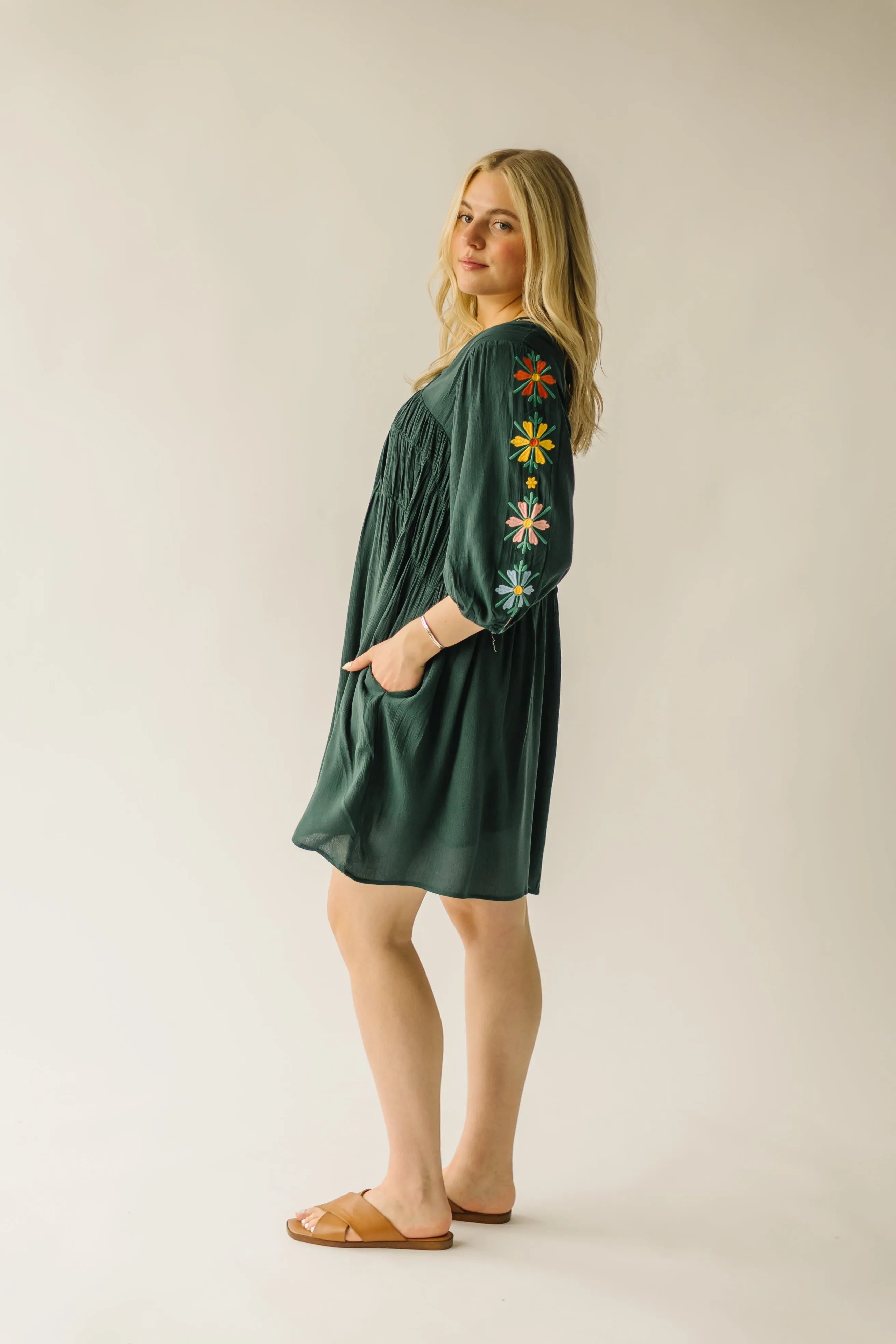 The Colewell Floral Embroidered Dress in Dark Green