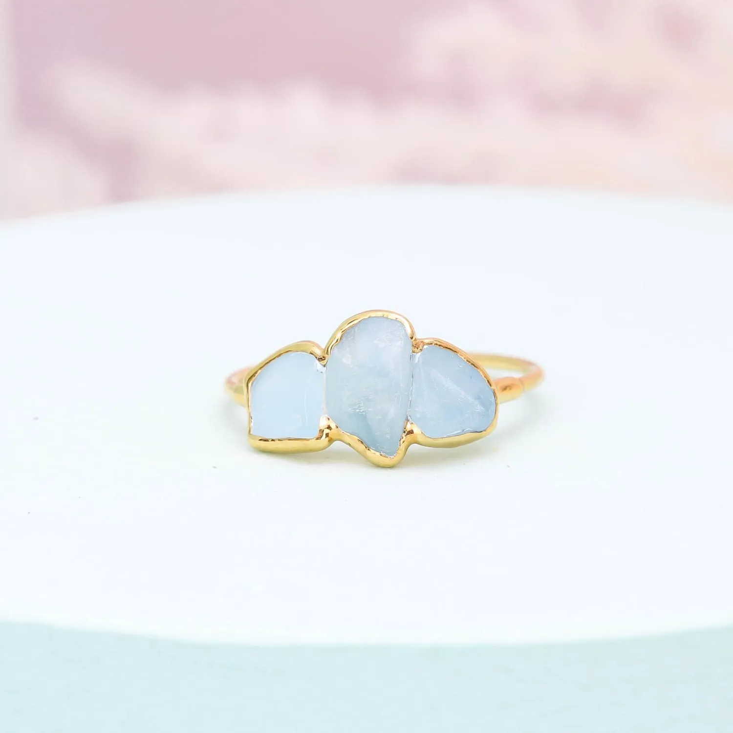 Triple Raw Aquamarine Ring in Yellow Gold, Smooth Stones