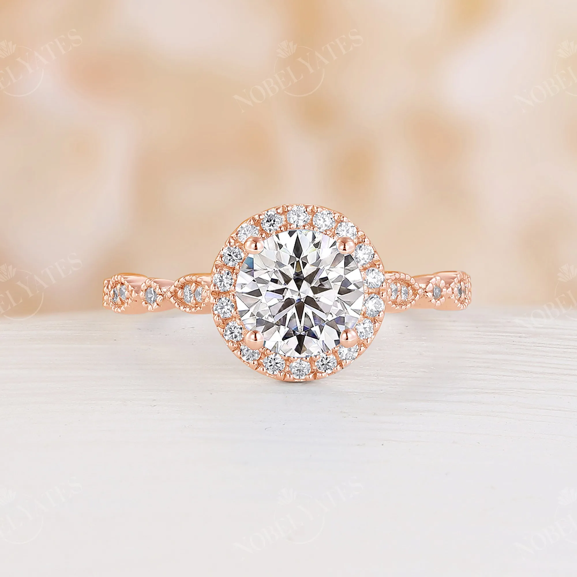 Vintage Round Moissanite Halo Engagement Ring Side Stone Rose Gold