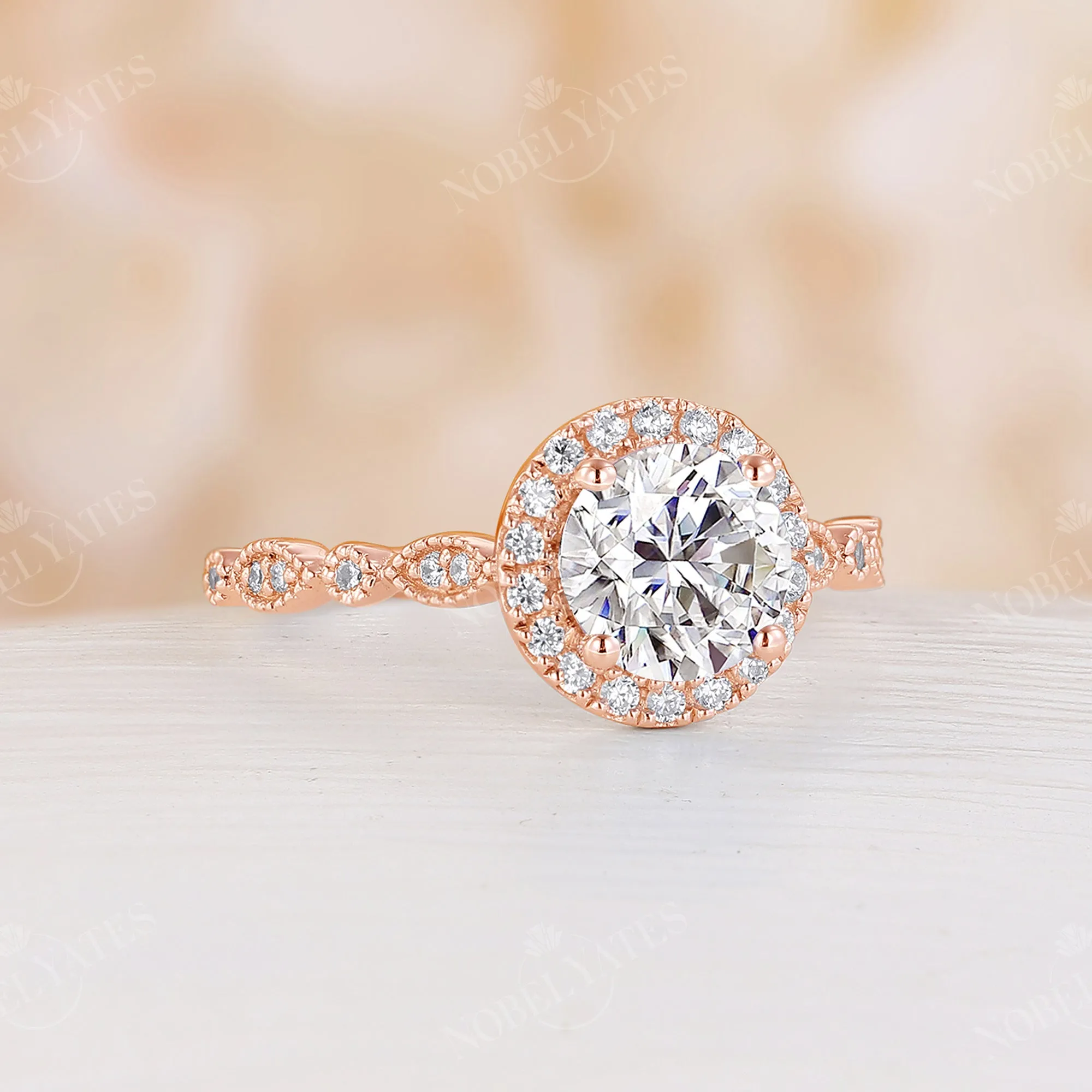 Vintage Round Moissanite Halo Engagement Ring Side Stone Rose Gold