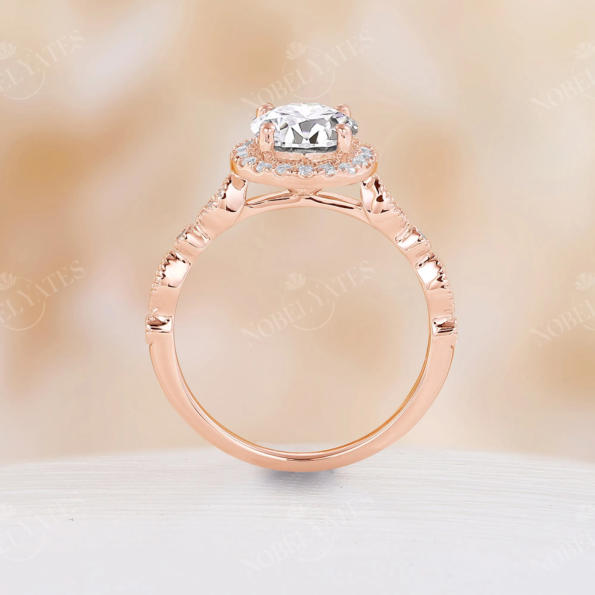 Vintage Round Moissanite Halo Engagement Ring Side Stone Rose Gold