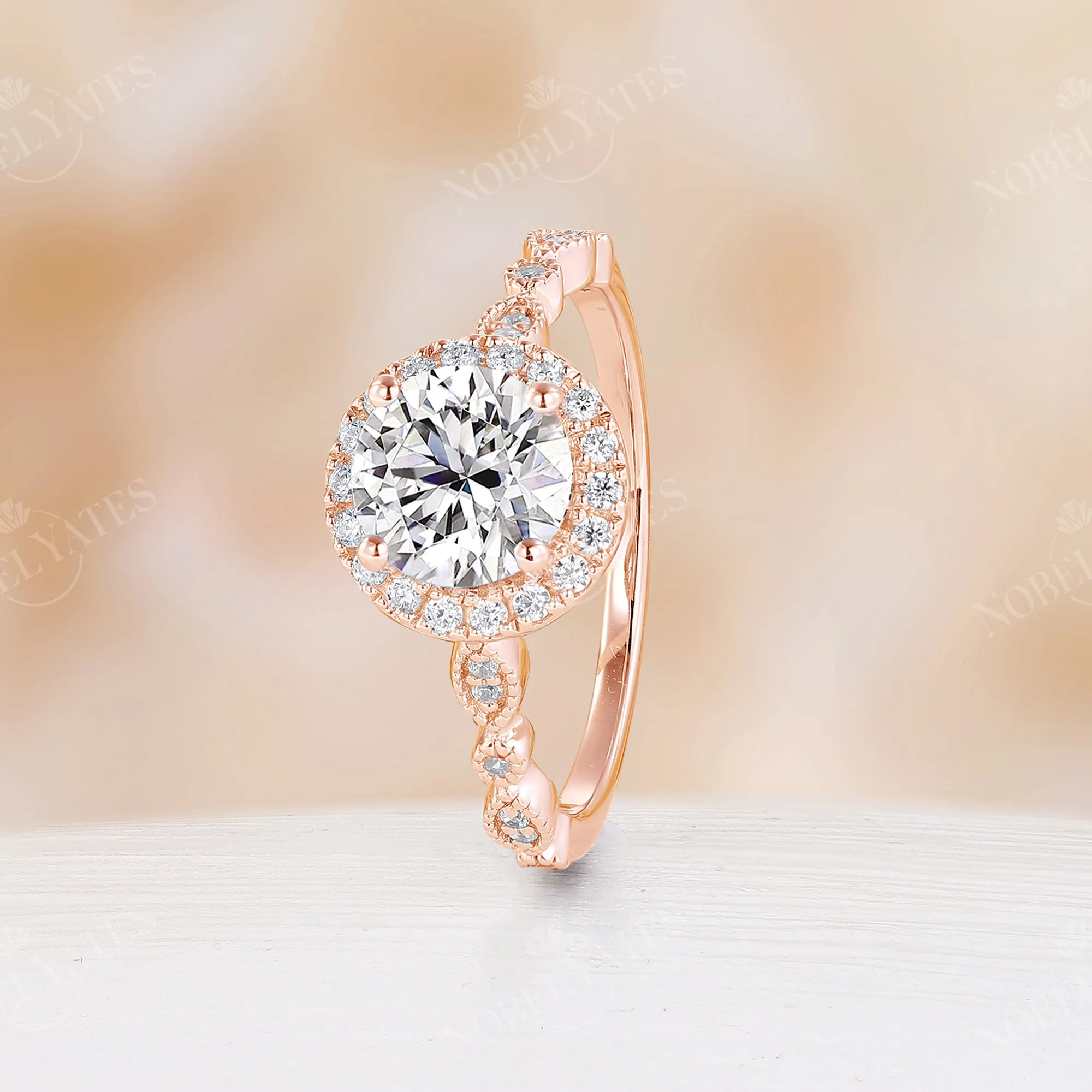 Vintage Round Moissanite Halo Engagement Ring Side Stone Rose Gold