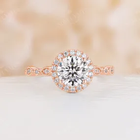 Vintage Round Moissanite Halo Engagement Ring Side Stone Rose Gold