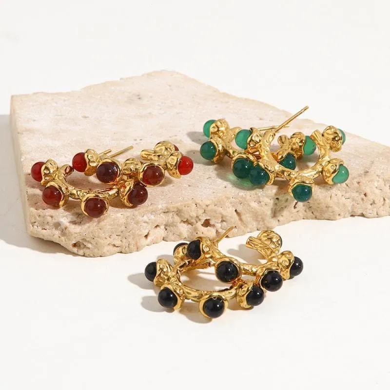 Wolmen's Vintage Red/Green/Black Natural Stone Earrings