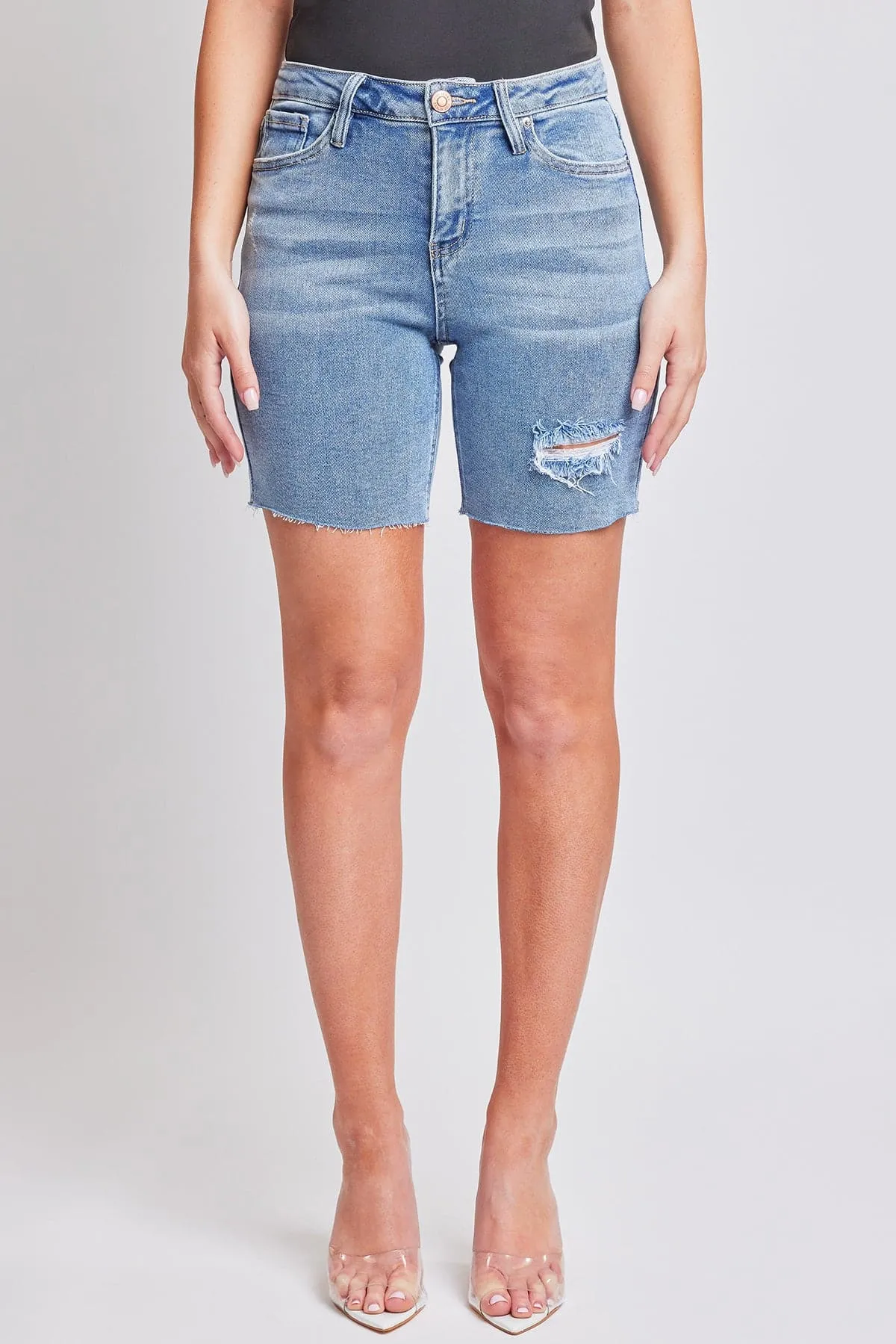 Women's High Rise Long Short Denim-Distressed