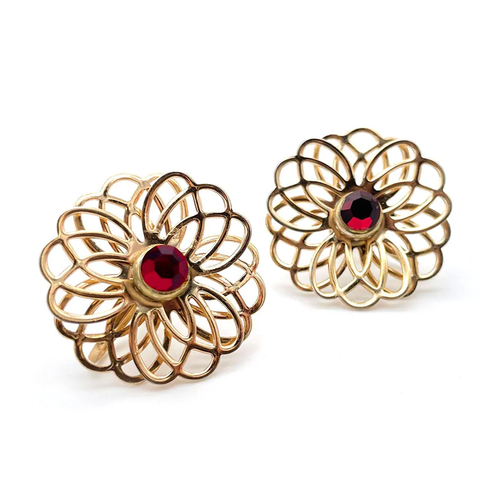 【カナダ輸入】ヴィンテージ フラワー ガーネットレッド イヤリング/Vintage Flower Garnet Red Screw Back Earrings